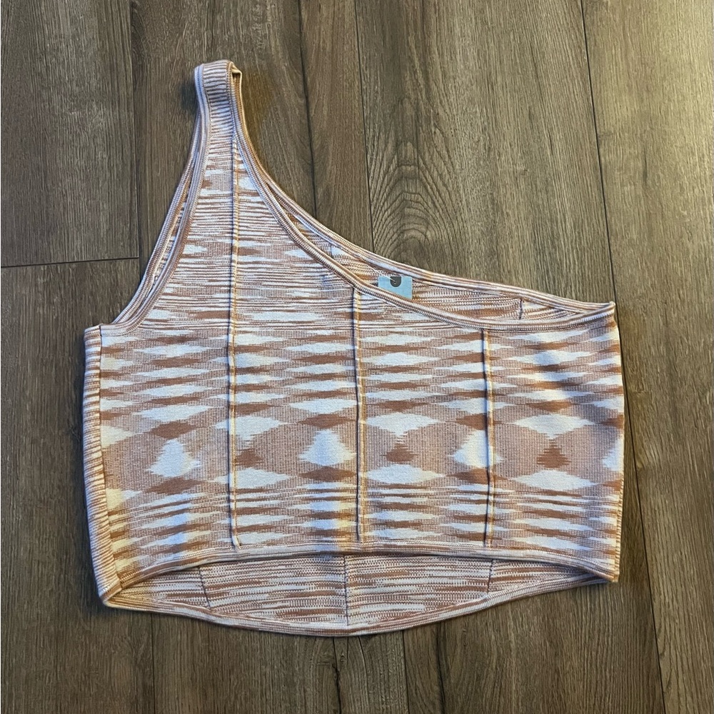 Anthropologie Tan and White One-Shoulder Crop Top